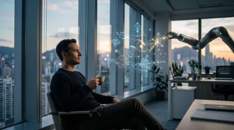 Representación conceptual de la automatización tecnológica liberando el tiempo de un profesional en una oficina moderna.