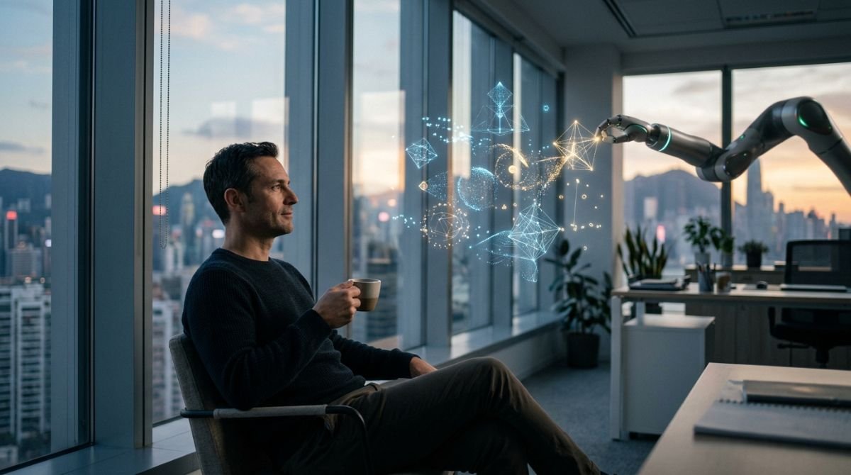 Representación conceptual de la automatización tecnológica liberando el tiempo de un profesional en una oficina moderna.