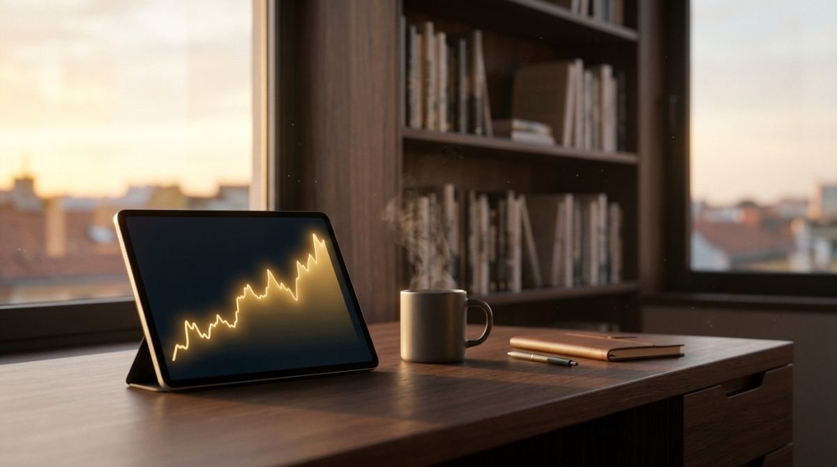 Escritorio minimalista con tablet mostrando gráficos financieros limpios y café caliente durante el amanecer, representando la curación de información financiera.