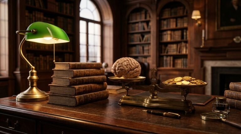 Libros de cuero y una balanza con un cerebro y monedas sobre un escritorio de madera, representando la economia del comportamiento.