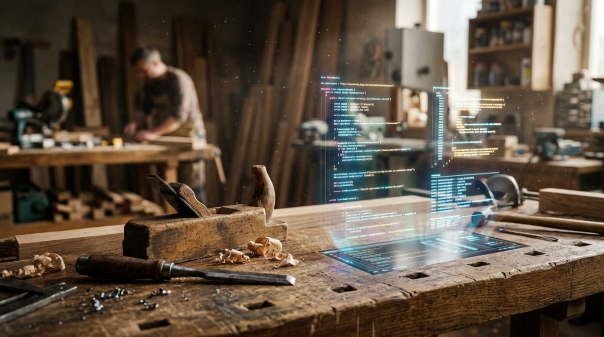 Fusion conceptual de un taller de carpinteria tradicional con herramientas de madera y proyecciones de datos digitales en un entorno minimalista.