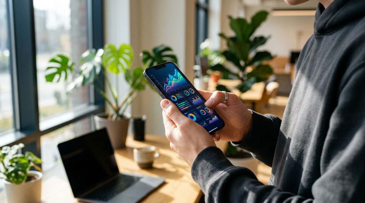 Persona joven realizando inversiones digitales desde su smartphone en un entorno moderno y luminoso.