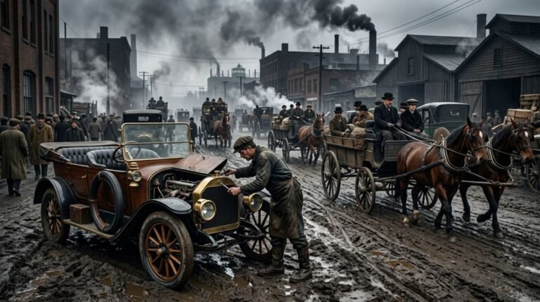 Calle de Detroit a principios del siglo veinte con carruajes de caballos y un automóvil antiguo artesanal bajo un cielo industrial de carbón.