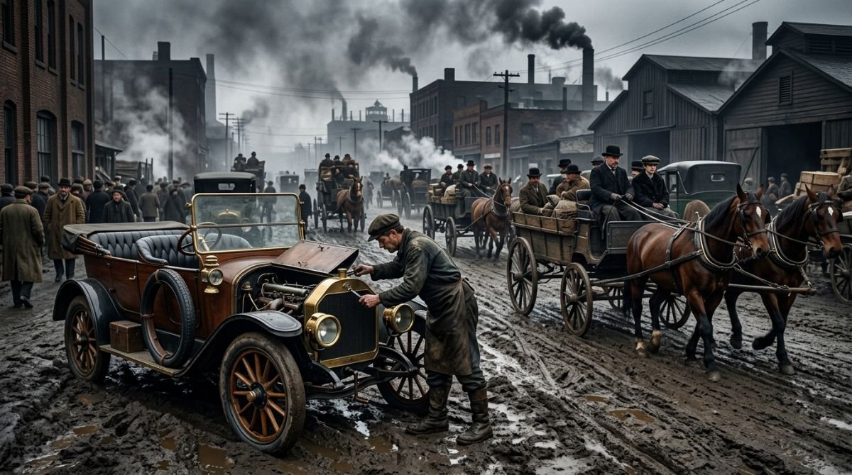 Calle de Detroit a principios del siglo veinte con carruajes de caballos y un automóvil antiguo artesanal bajo un cielo industrial de carbón.