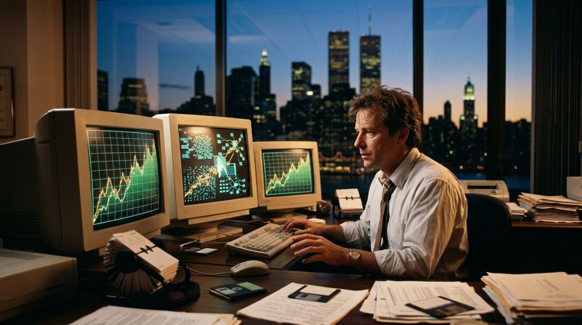 Monitores de computadora CRT de finales de los noventa mostrando gráficos financieros abstractos y brillantes en una oficina de Wall Street al atardecer, representando el inicio de la burbuja de internet.