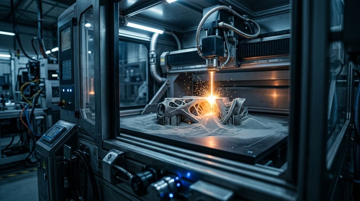 Proceso de impresión 3D industrial de metal mediante tecnología de sinterización por láser para fabricación aditiva.