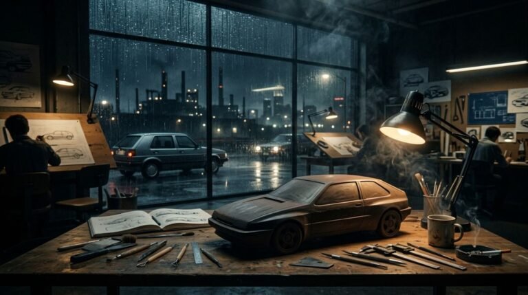 Maqueta de arcilla de un coche compacto en un oscuro estudio de diseño de Detroit de los ochenta
