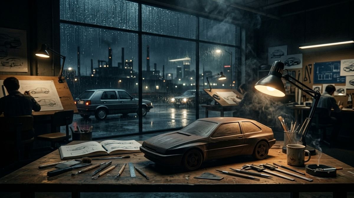 Maqueta de arcilla de un coche compacto en un oscuro estudio de diseño de Detroit de los ochenta