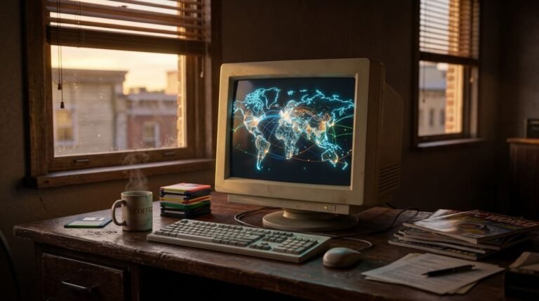 Escritorio de trabajo de tecnología vintage de 1995 con un monitor CRT brillante que simboliza el origen del comercio digital global.