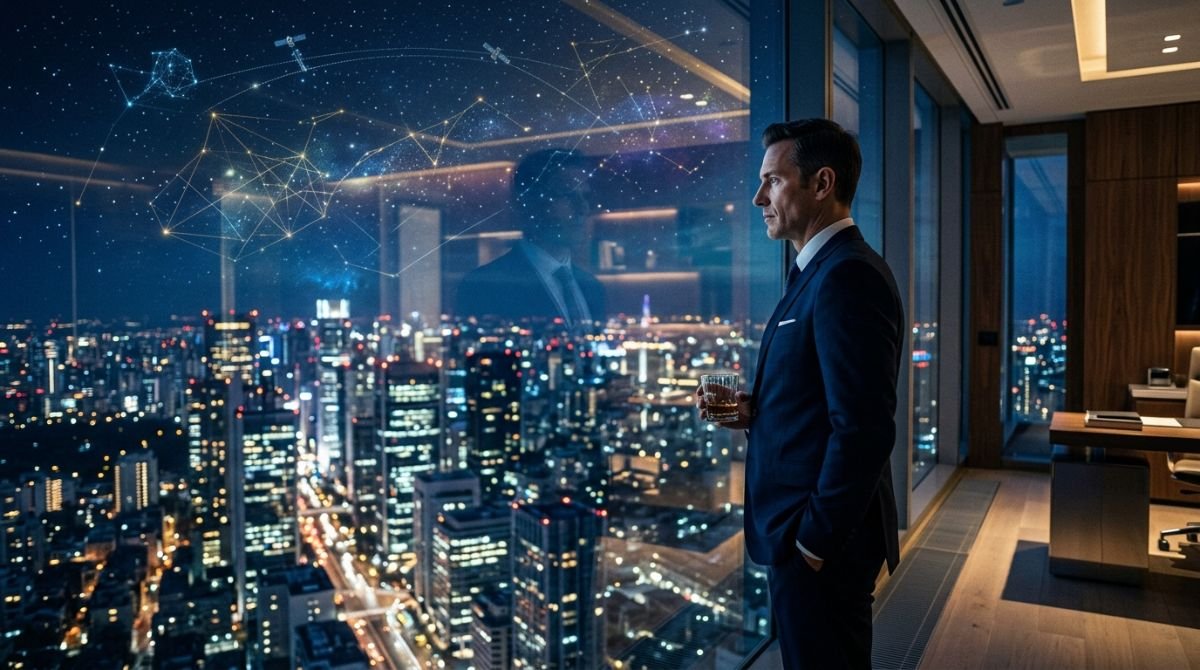Ilustración conceptual de un inversor tecnológico contemplando una ciudad futurista con conexiones de datos en el cielo, representando el SoftBank Vision Fund