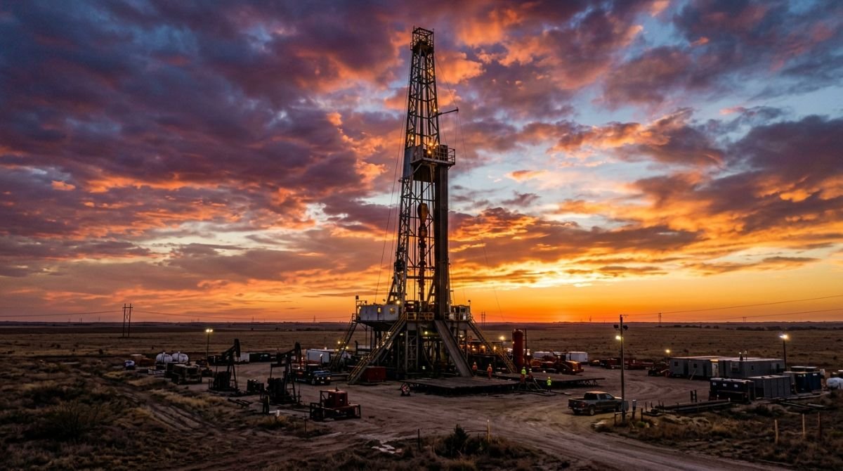 Torre de perforación de gas y petróleo en las llanuras de Oklahoma durante un atardecer dramático, simbolizando el auge del fracking.