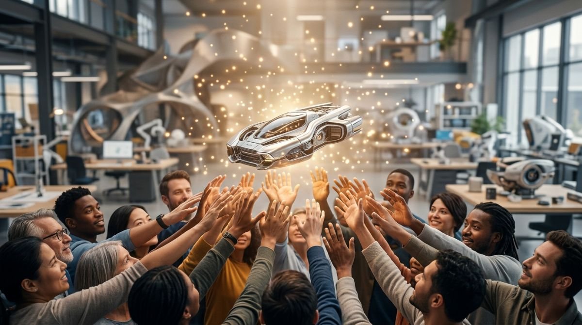Representación conceptual del crowdfunding con manos diversas apoyando un prototipo tecnológico brillante en un taller moderno.