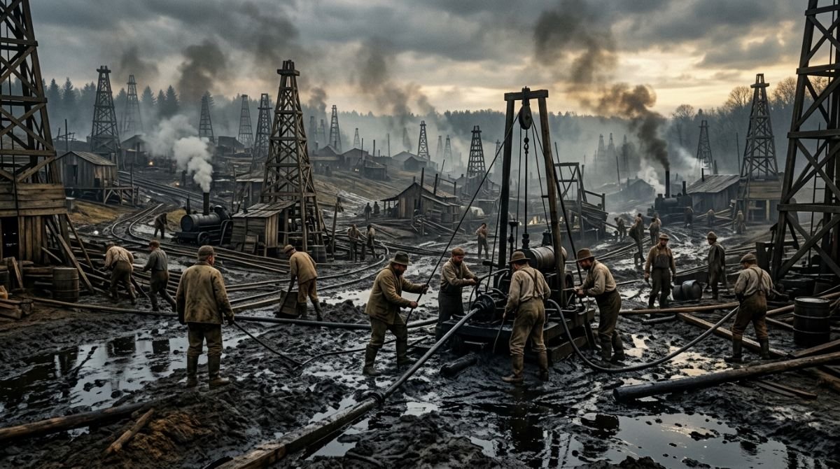 Torres de perforación de madera en el lodoso campo petrolero de Titusville en 1859 durante los inicios de la industria del petróleo.