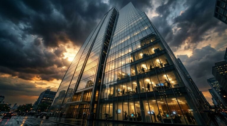 Rascacielos corporativo de Wall Street bajo un cielo de tormenta que simboliza la crisis financiera de 2008