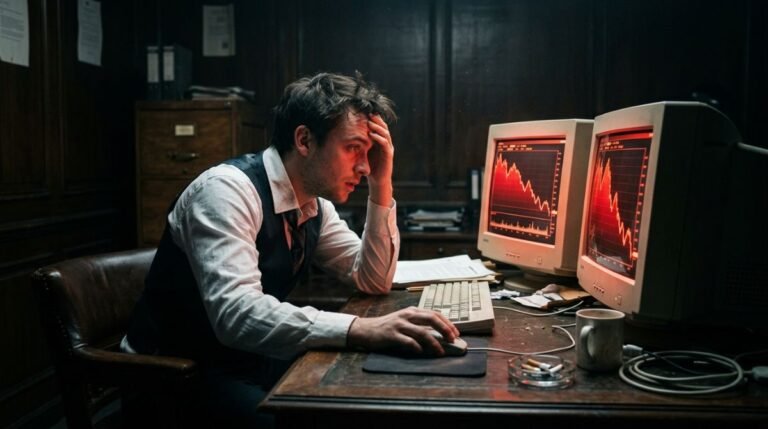 Imagen conceptual de la crisis de Barings Bank con un analista frente a pantallas que muestran perdidas financieras en los anos 90.