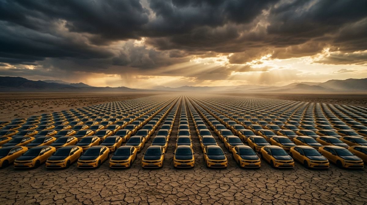 Filas interminables de coches amarillos abandonados en un desierto bajo un cielo tormentoso, simbolizando la caida y quiebra de una gran corporacion de alquiler de vehiculos.