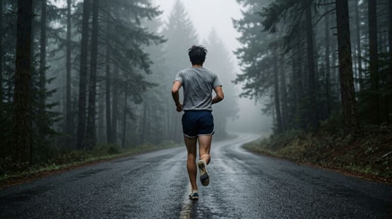 Corredor solitario de los anos 60 entrenando en una carretera con niebla en los bosques de Oregon.