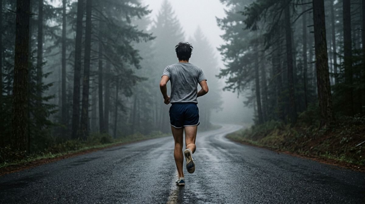 Corredor solitario de los anos 60 entrenando en una carretera con niebla en los bosques de Oregon.