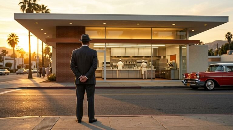 Vendedor de los años 50 observando un restaurante de hamburguesas con diseño revolucionario en California al atardecer