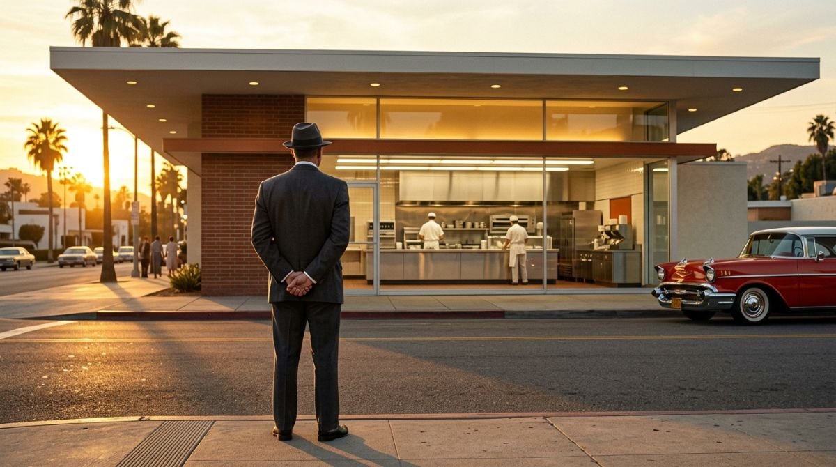 Vendedor de los años 50 observando un restaurante de hamburguesas con diseño revolucionario en California al atardecer
