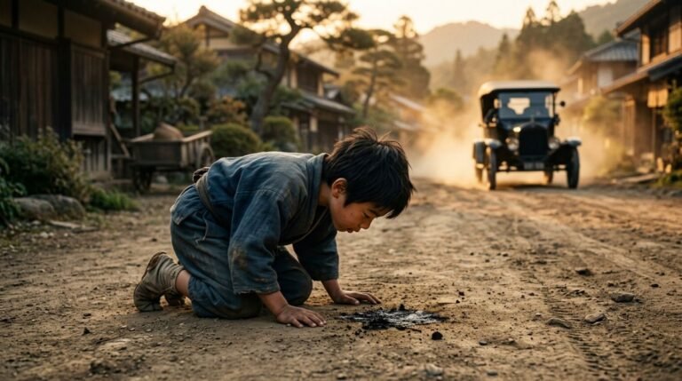 Nino Soichiro Honda arrodillado oliendo el aceite de un coche clasico en un camino de tierra de Japon a principios del siglo XX