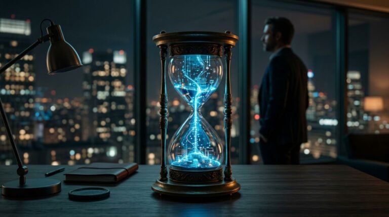 Reloj de arena futurista con flujos de datos digitales simbolizando la automatización del tiempo en una startup.