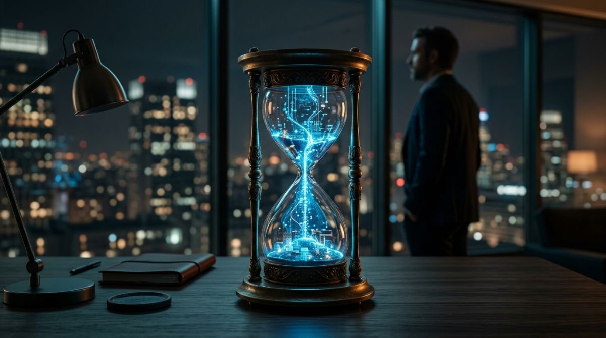 Reloj de arena futurista con flujos de datos digitales simbolizando la automatización del tiempo en una startup.