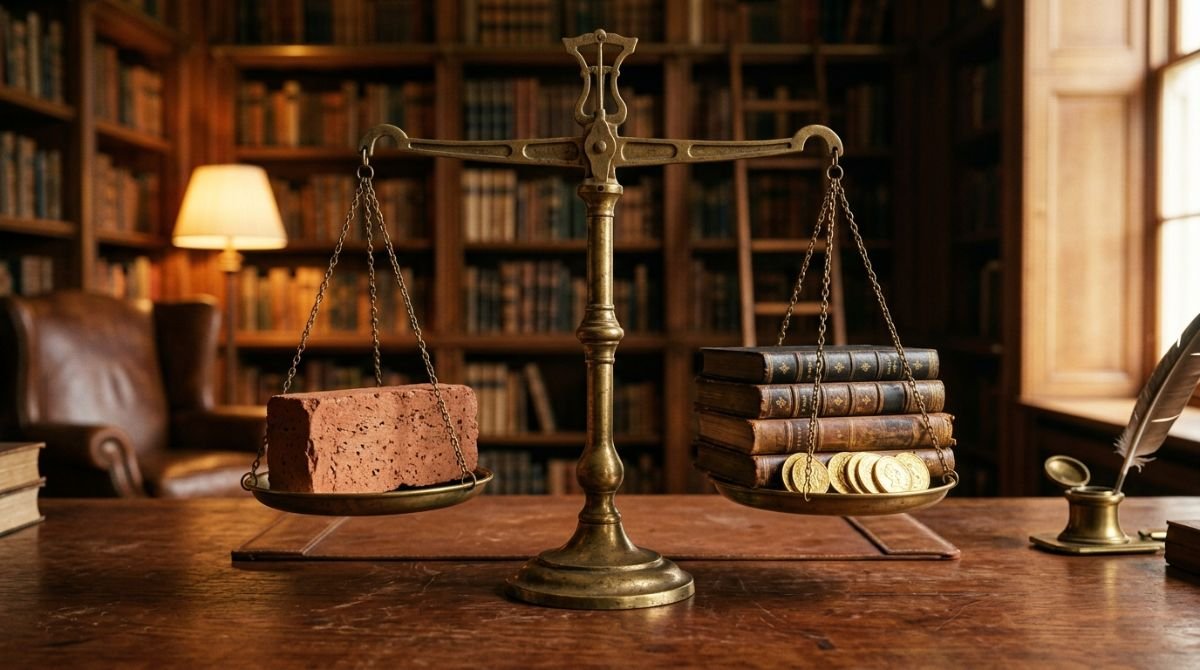 Balanza de latón antigua equilibrando un ladrillo de construcción con libros de cuero y monedas de oro en un entorno de oficina de lujo.