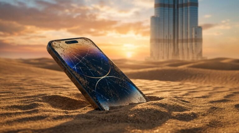Un smartphone moderno con la pantalla rota semi enterrado en la arena de un desierto bajo un atardecer dramatico.