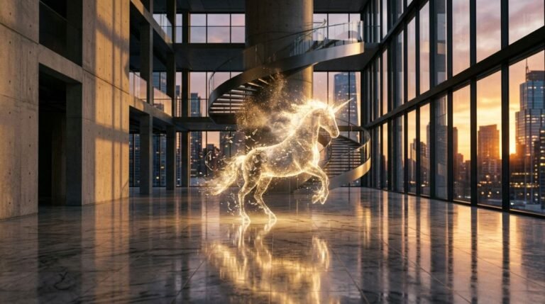 Espejismo de un unicornio de luz dorada desvaneciéndose en un lujoso vestíbulo de oficinas vacío hecho de cemento y cristal al atardecer