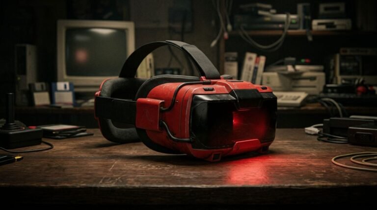 Consola retro de realidad virtual roja y negra iluminada sobre un escritorio de los noventa