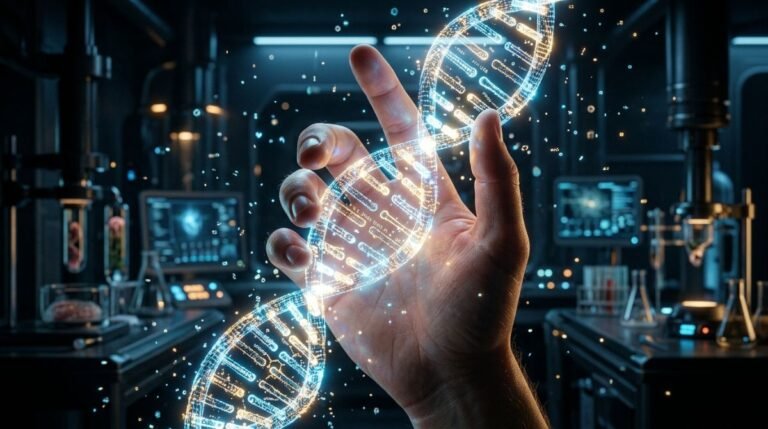 Representación conceptual de la biotecnología y la longevidad humana mediante una hélice de ADN holográfica y una mano joven en un laboratorio futurista.