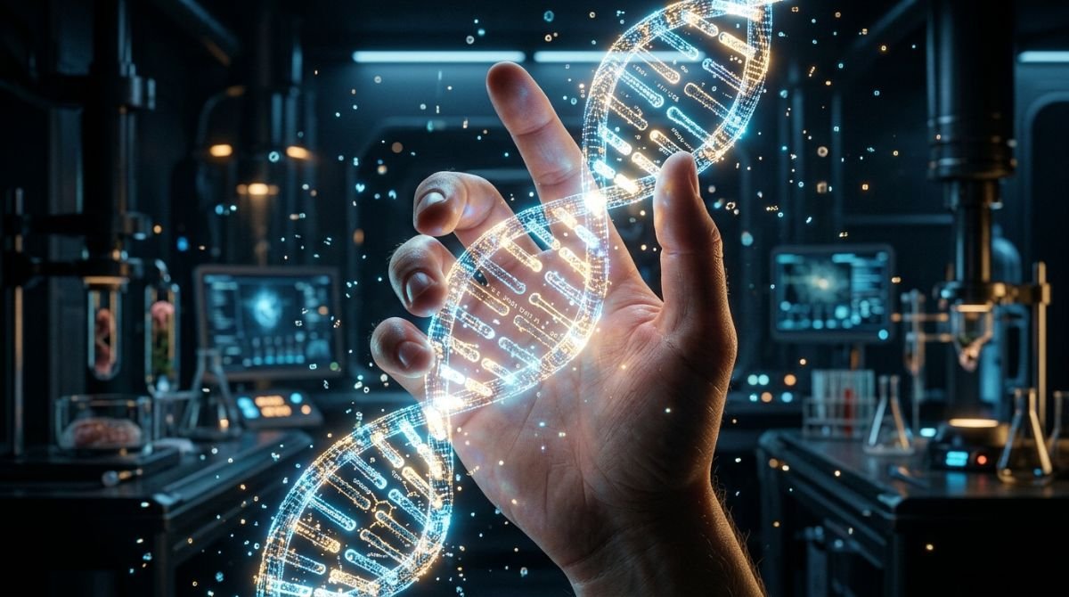 Representación conceptual de la biotecnología y la longevidad humana mediante una hélice de ADN holográfica y una mano joven en un laboratorio futurista.