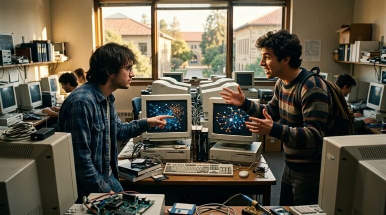 Dos jóvenes estudiantes debatiendo en un laboratorio de informática retro frente a un monitor con redes de datos tridimensionales.
