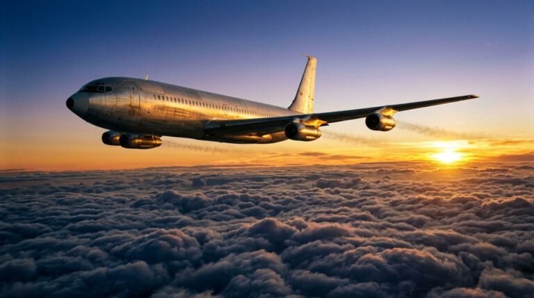 Avion comercial clasico volando sobre nubes durante un atardecer dorado, simbolizando los inicios de la democratizacion de los vuelos transatlanticos.