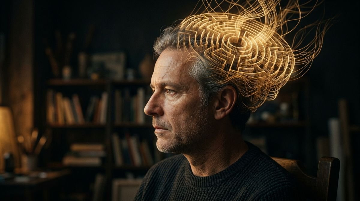 Representación conceptual del laberinto mental y la psicología del dinero mediante un perfil humano con conexiones doradas.