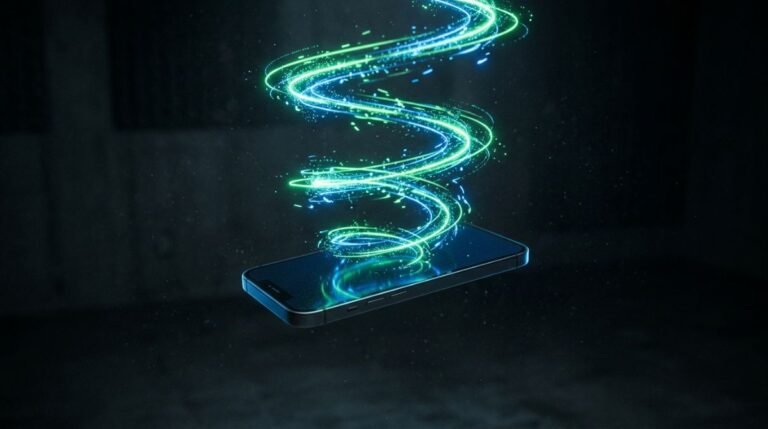 Representación visual abstracta de un bucle de video de seis segundos mediante un smartphone flotando con luz de neón
