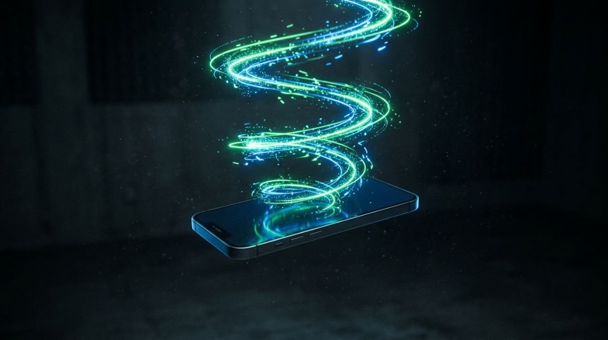 Representación visual abstracta de un bucle de video de seis segundos mediante un smartphone flotando con luz de neón