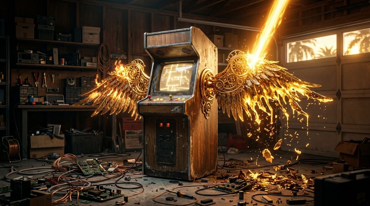 Ilustración conceptual del mito de Ícaro aplicado a la industria de los videojuegos clásicos con una máquina arcade con alas doradas derritiéndose en un garaje de Sunnyvale.