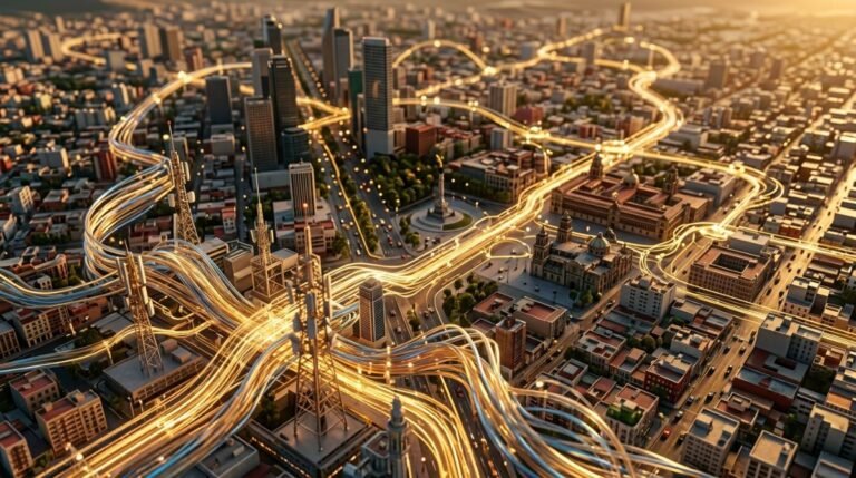 Red de telecomunicaciones y flujos de capital dorado sobre una metropolis que ilustra el concepto de monopolio natural.
