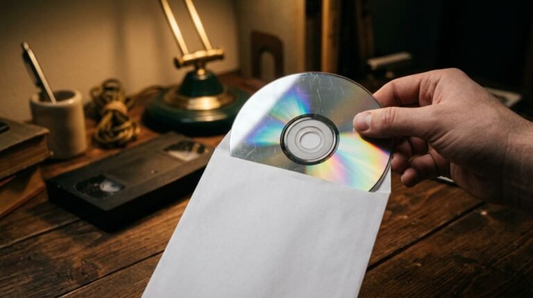 Primer plano de un DVD brillante introducido en un sobre de papel postal sobre un escritorio junto a un VHS desenfocado.