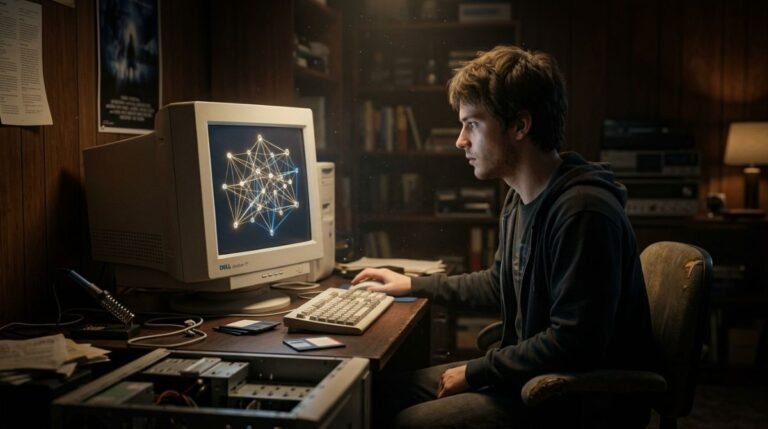Programador en el año 2002 frente a una computadora CRT que muestra una red de conexiones digitales, representando los inicios de Friendster y las redes sociales modernas.