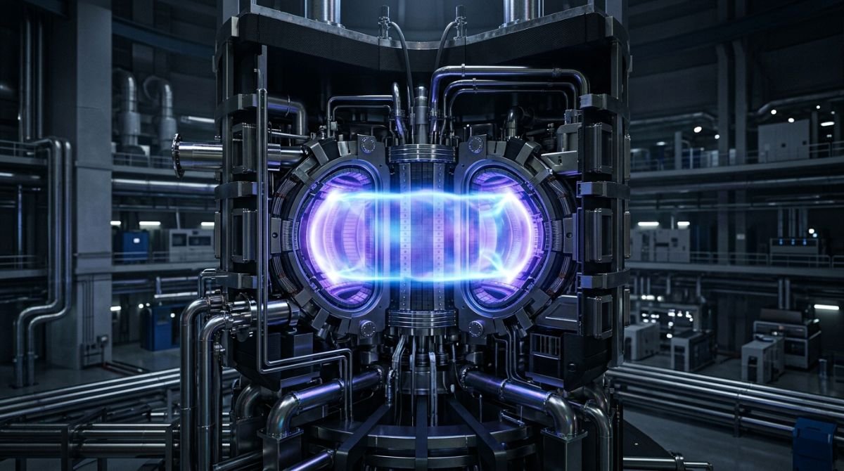 Representación visual de un reactor de fusión nuclear con plasma brillante que simboliza la abundancia energética del futuro.