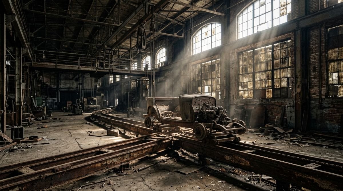 Línea de montaje abandonada de una fábrica de automóviles clásica estadounidense con luz de sol dramática, que representa el declive industrial de General Motors.