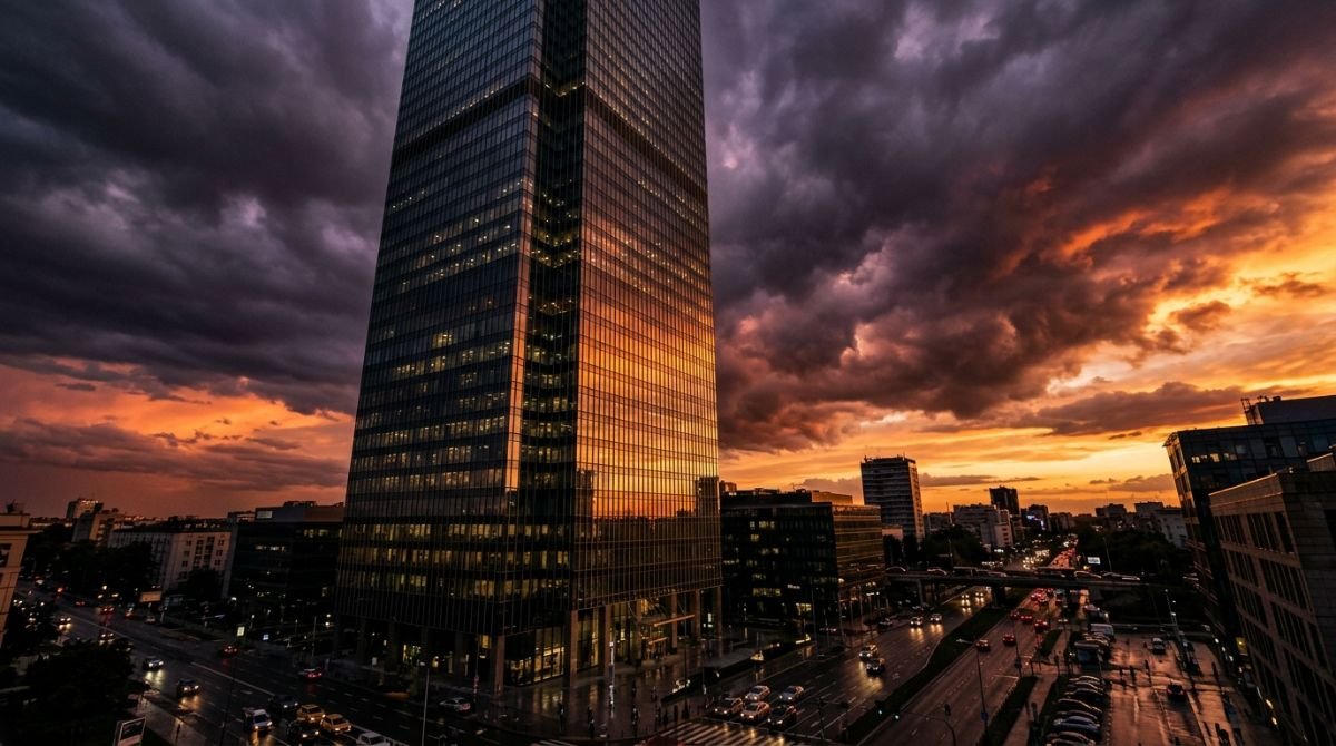Edificio corporativo moderno durante un atardecer tormentoso simbolizando la crisis de innovación y el cambio de paradigma empresarial.