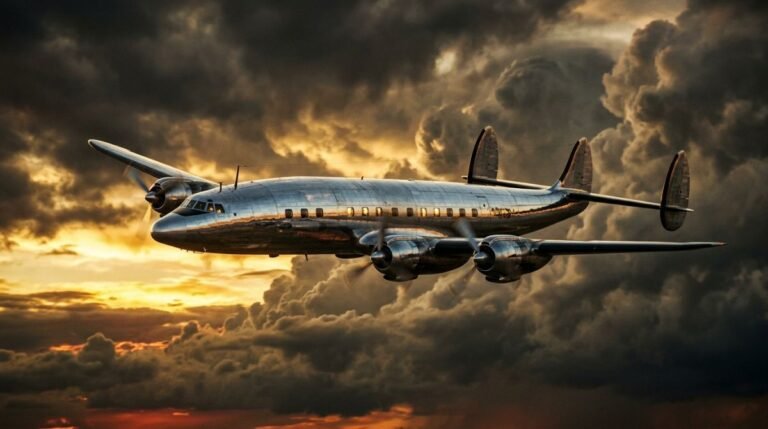 Avión comercial clásico plateado volando entre nubes de tormenta al atardecer, representando la caída de Eastern Air Lines