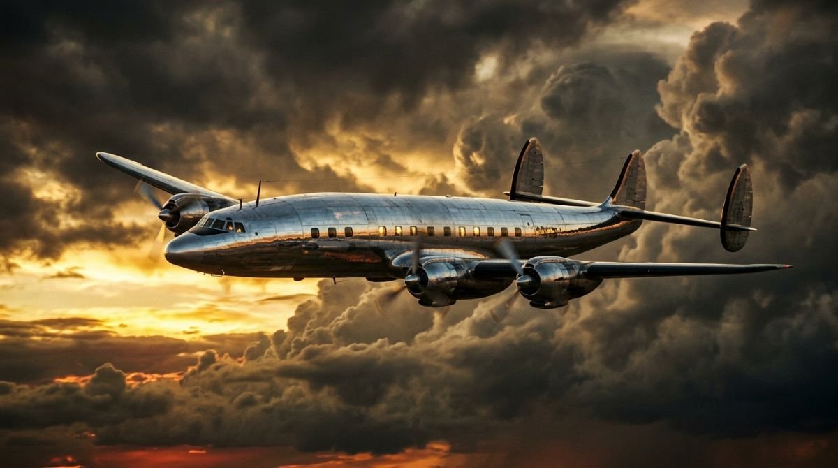 Avión comercial clásico plateado volando entre nubes de tormenta al atardecer, representando la caída de Eastern Air Lines