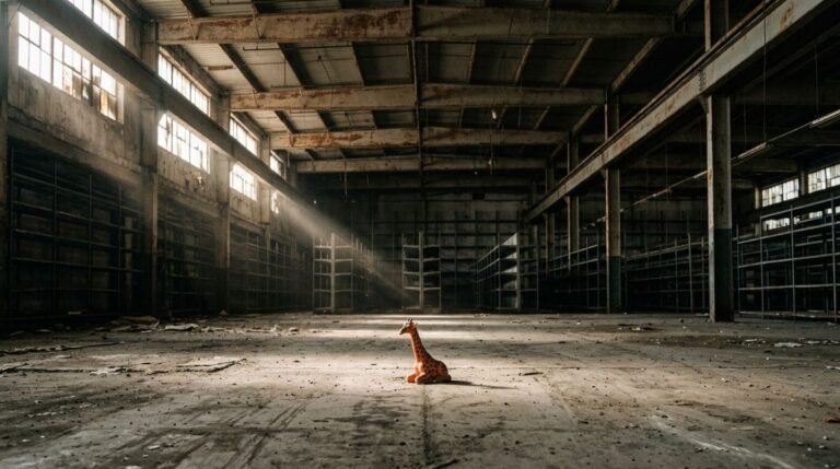 Interior abandonado de una gran tienda de juguetes con estanterías vacías y un juguete de jirafa solitario en el suelo, simbolizando la quiebra y el fin de una era comercial.