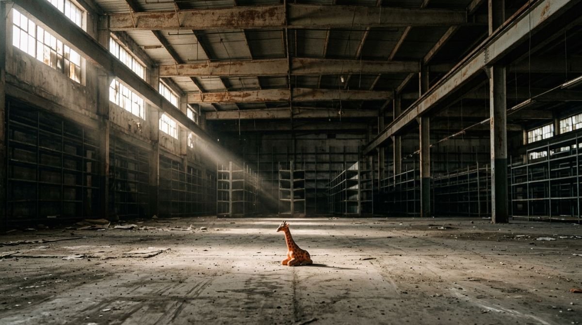 Interior abandonado de una gran tienda de juguetes con estanterías vacías y un juguete de jirafa solitario en el suelo, simbolizando la quiebra y el fin de una era comercial.