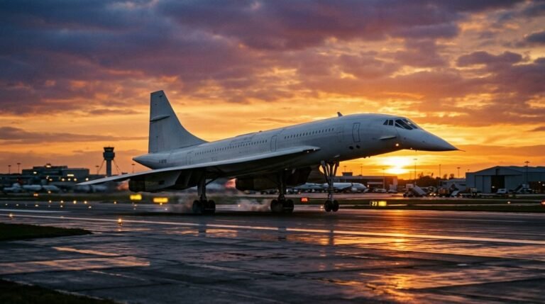 Aterrizaje del Concorde al atardecer mostrando su ala delta y morro basculante